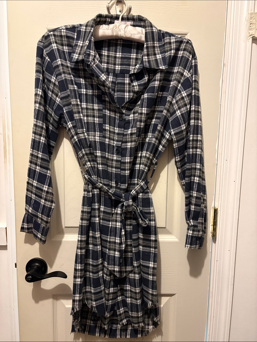 Pink Lily Navy & White Plaid Button-Front Long Sleeve Dress